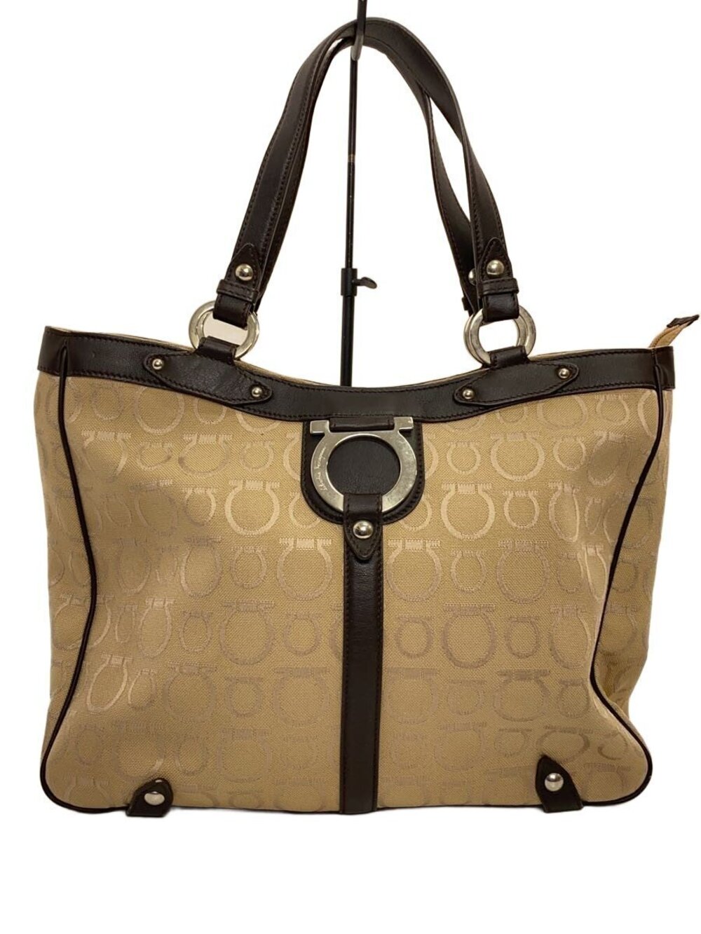 Salvatore Ferragamo Gancini Monogram Canvas Leather Shoulder Tote Beige Tan